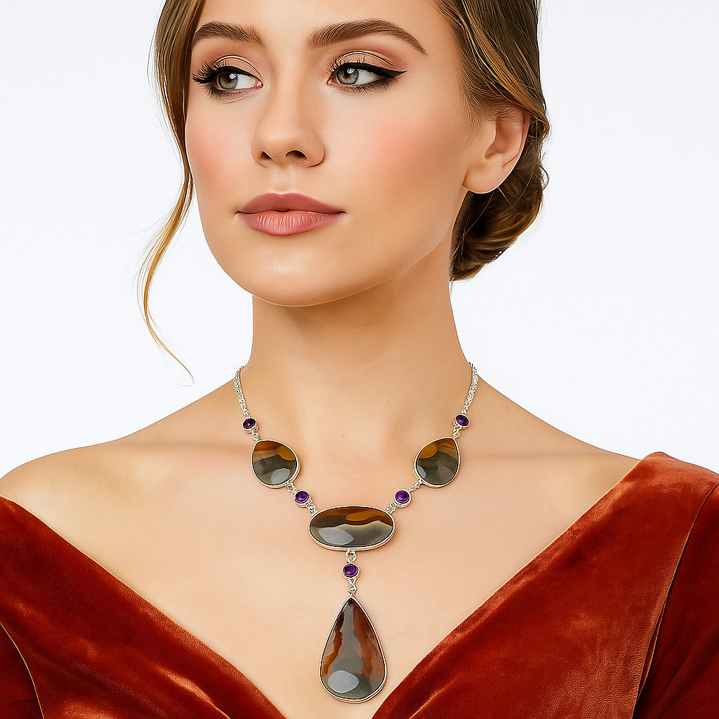 Natural Polygram Jasper & Amethyst Necklace N-1023 SDN2030